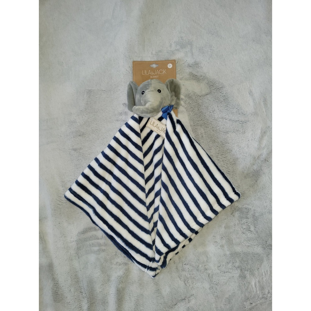 Lila & Jack Elephant Security Blanket Blue White Stripes Fleece Lovey Minky